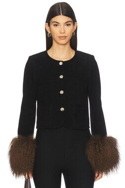 Susanna Chow Frida Suede Jacket in Black Brown Trim suede leather Mongolian fur